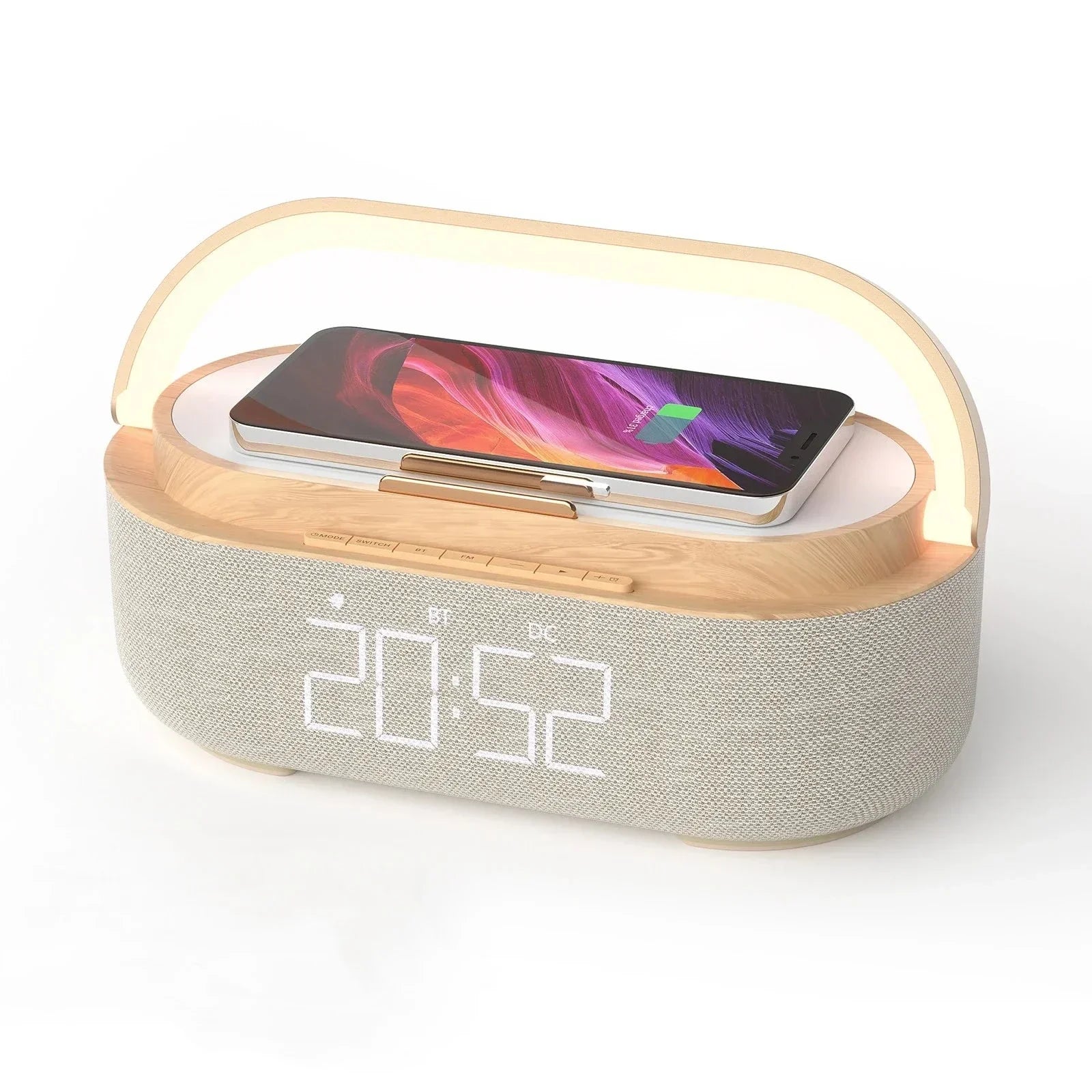 Imagem 1: Bluetooth Speaker with Wireless Charging & Alarm Clock – Front View Wooden Design | Sleek Dynamics
