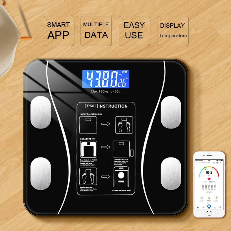 Smart Body Fat Scale — Bluetooth, 13 Metrics, Tempered Glass | Black