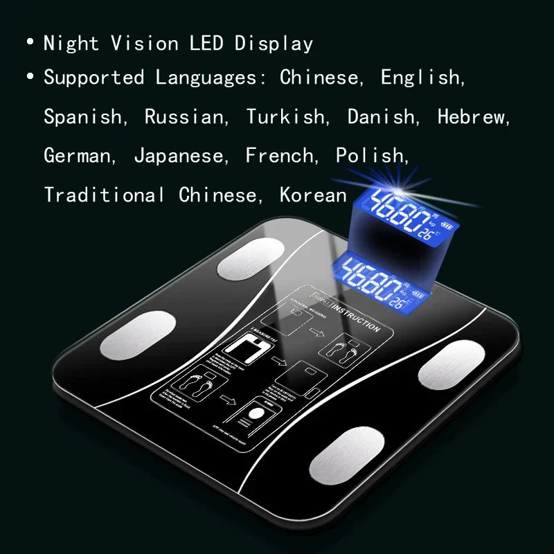 Smart Body Fat Scale — Bluetooth, 13 Metrics, Tempered Glass | Black