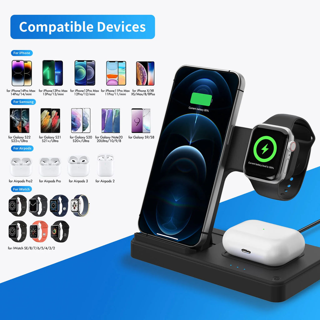 3-in-1 Foldable Wireless Charging Station — 18W, MagSafe, iPhone + Watch + AirPods