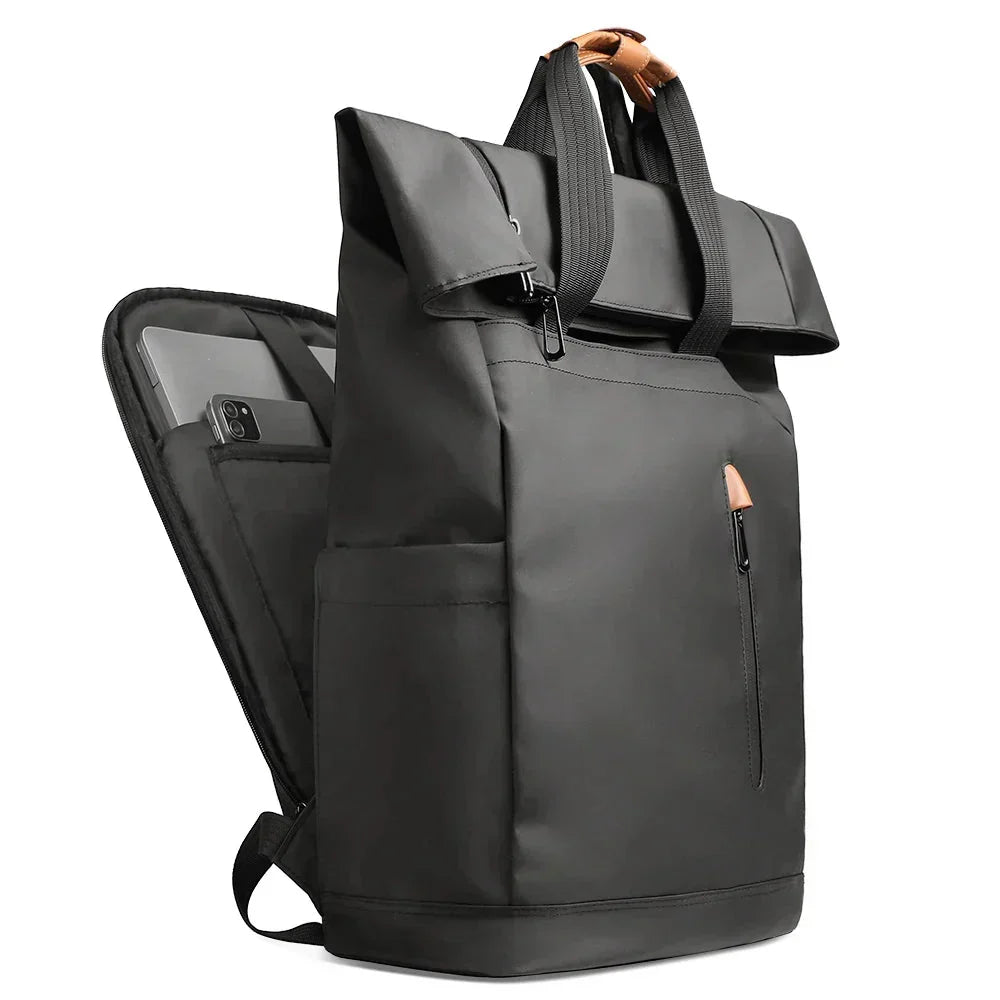 Ravel Expandable Waterproof Laptop Backpack Black — open showing laptop compartment | Sleek Dynamics
