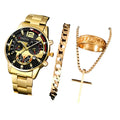 4PCS Men's Gold Quartz Watch Set W118-D — Cuban bracelet, ring and cross necklace in matching gold tone | Sleek Dynamics