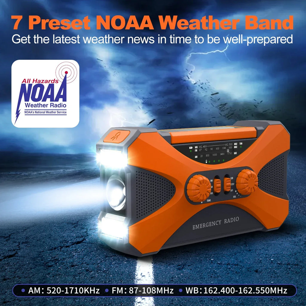 Emergency Hand Crank Solar Radio — 10000mAh, AM/FM/NOAA, Solar & Crank Powered