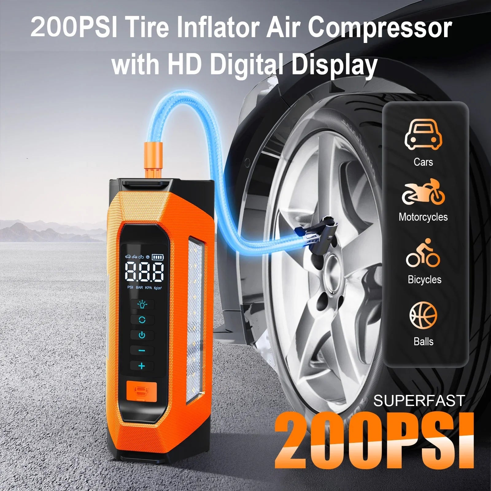 8000A Car Jump Starter & Air Compressor — 200 PSI, 30,000mAh, 800 Lumen LED