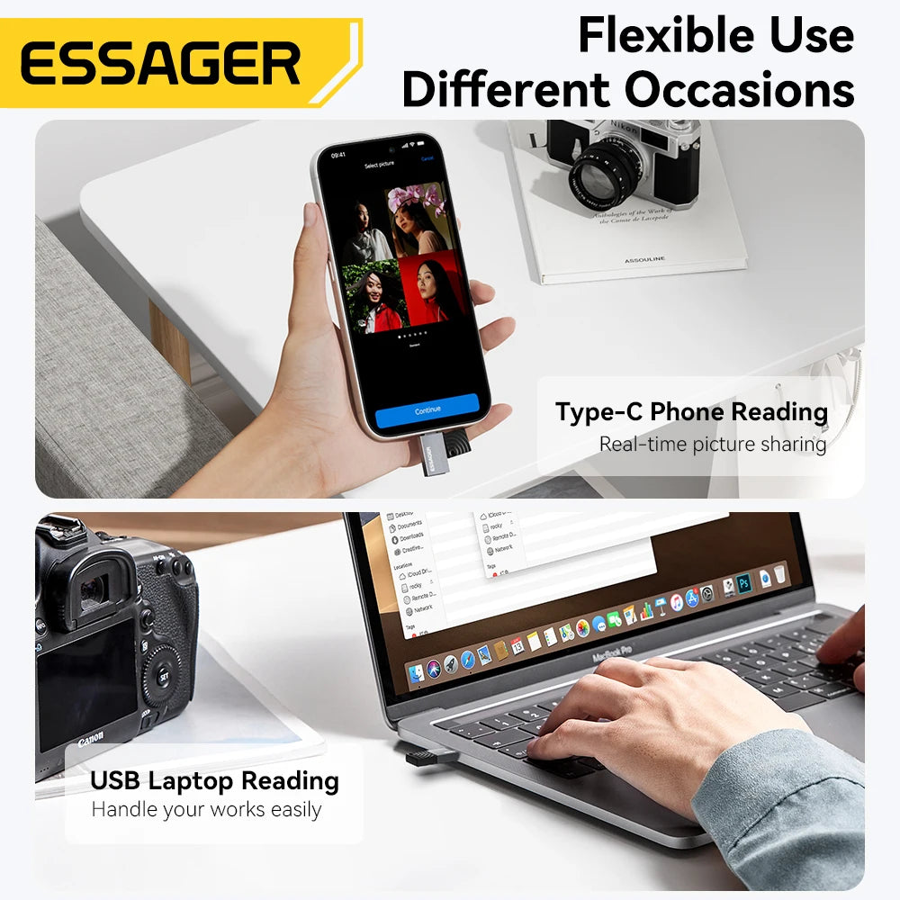 Essager 2-in-1 USB Card Reader — SD & MicroSD, Plug & Play, Up to 2TB