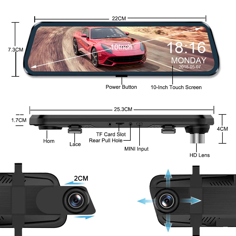 10" Smart Mirror Dash Cam — Dual 1080p, Night Vision & Backup Camera