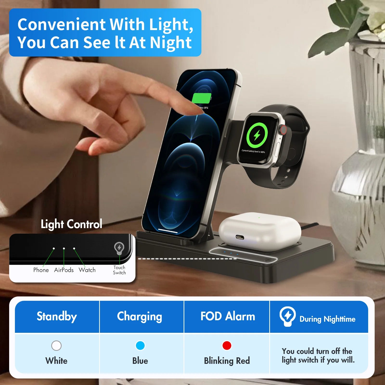 3-in-1 Foldable Wireless Charging Station — 18W, MagSafe, iPhone + Watch + AirPods