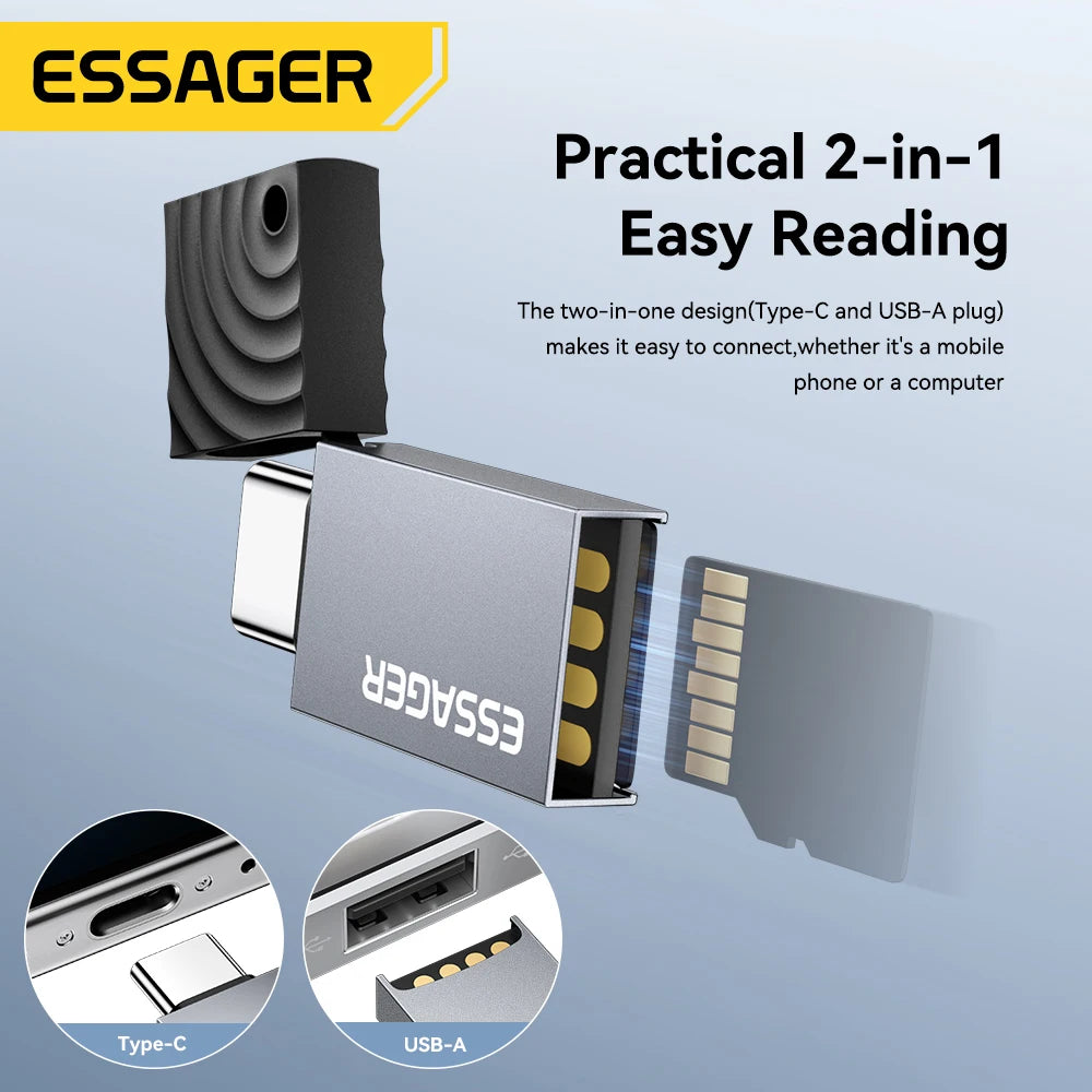 Essager 2-in-1 USB Card Reader — SD & MicroSD, Plug & Play, Up to 2TB