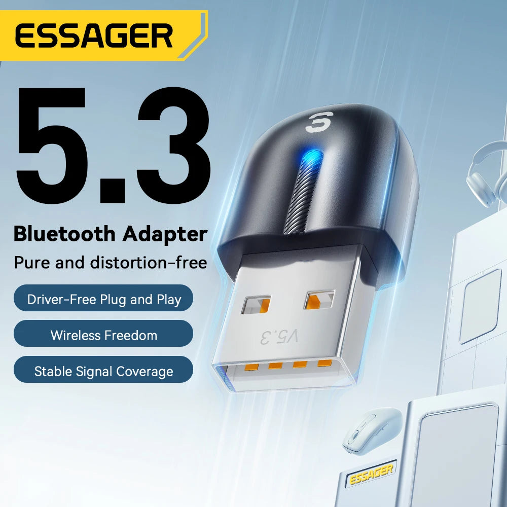 Essager Bluetooth 5.3 USB Adapter — Plug & Play, 20m Range, 7 Devices