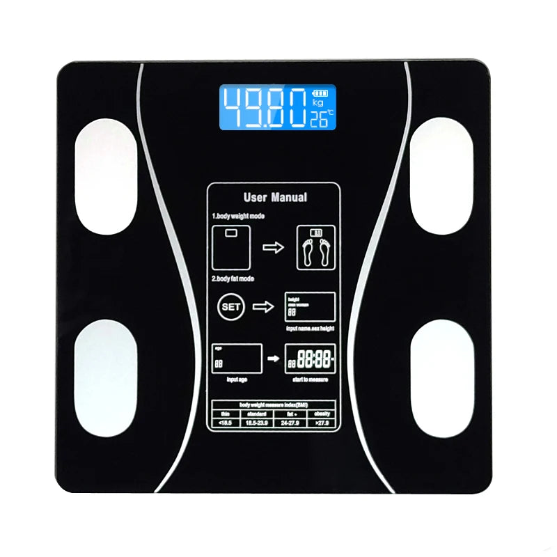 Smart Body Fat Scale Bluetooth — Black, Tempered Glass, 13 Body Metrics | Sleek Dynamics
