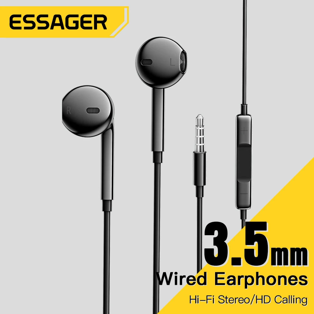 Essager Wired Earbuds 3.5mm — HiFi Stereo, Mic & In-Line Controls, 4 Colors