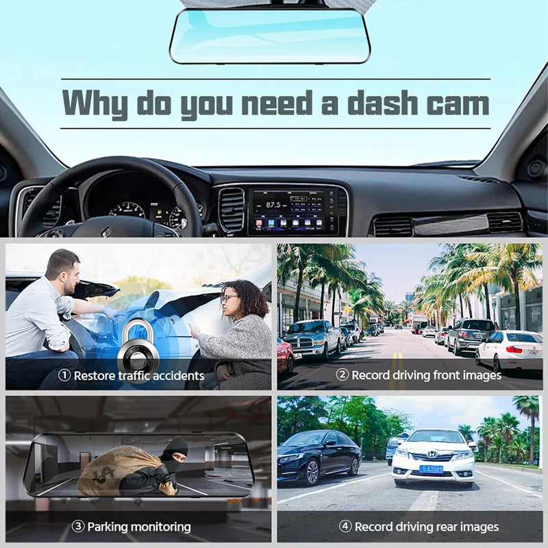 10" Smart Mirror Dash Cam — Dual 1080p, Night Vision & Backup Camera
