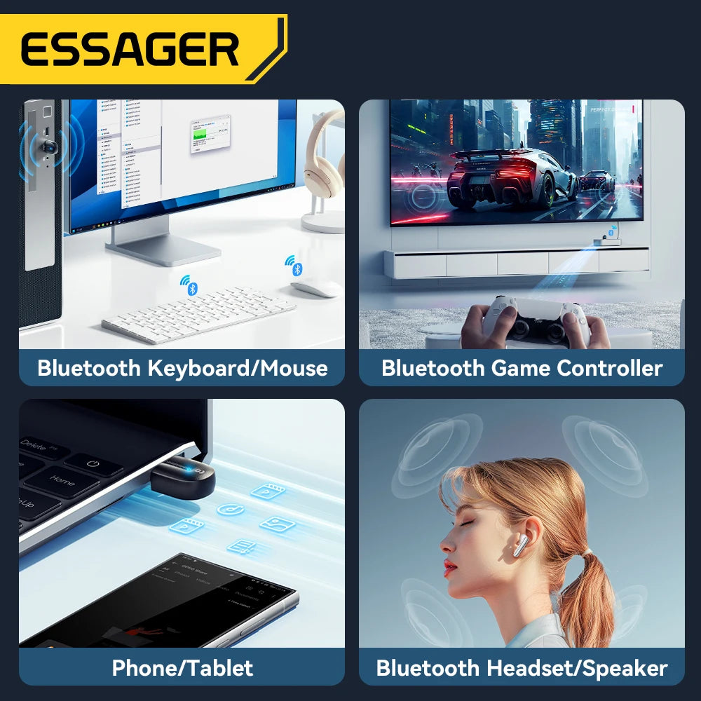 Essager Bluetooth 5.3 USB Adapter — Plug & Play, 20m Range, 7 Devices