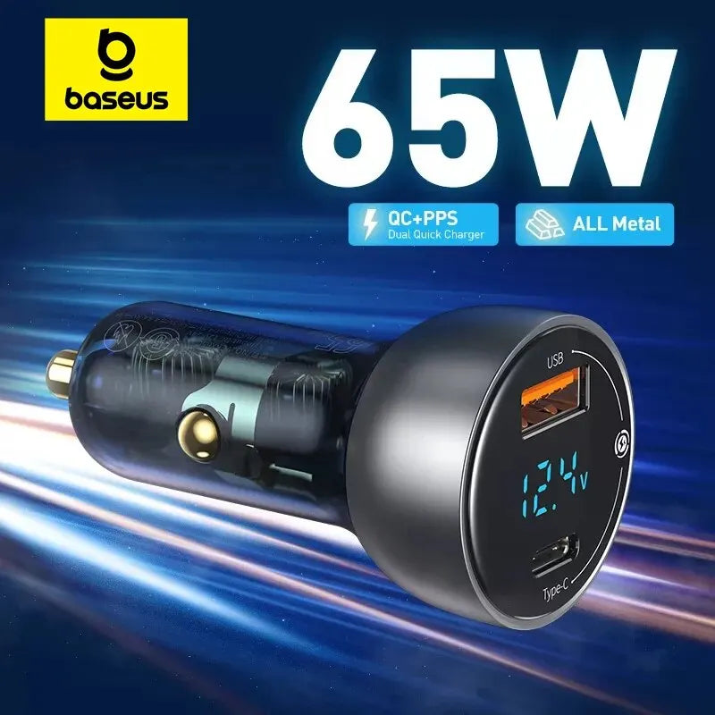 Baseus 65W Transparent Car Charger — USB-C PD + USB-A QC, Charges Laptops