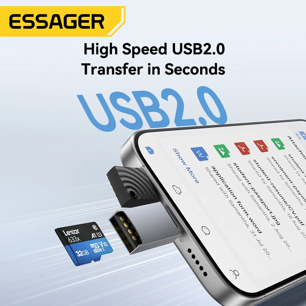 Essager 2-in-1 USB Card Reader — SD & MicroSD, Plug & Play, Up to 2TB