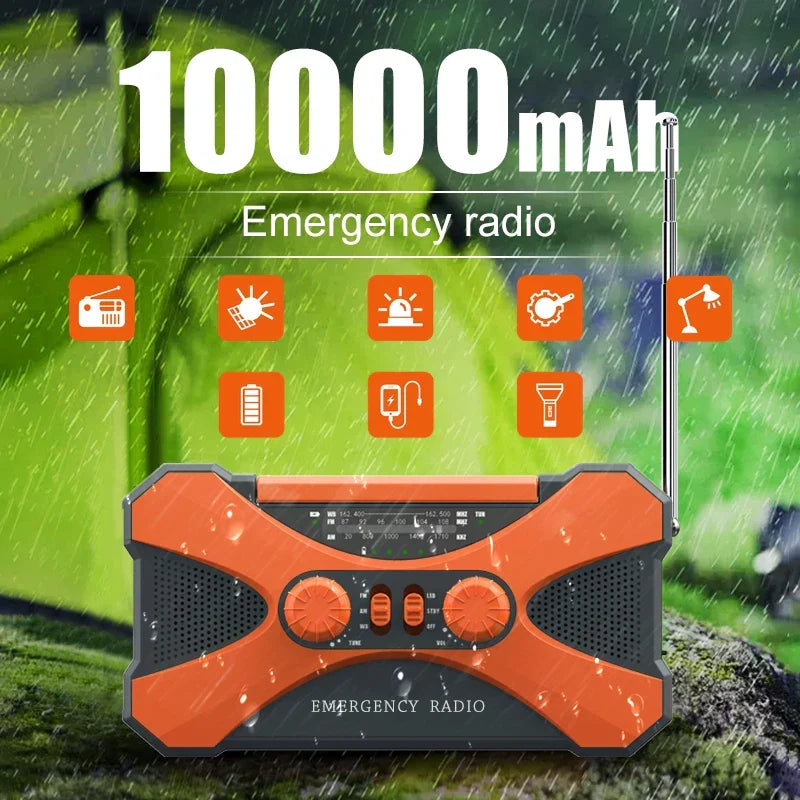 Emergency Hand Crank Solar Radio — 10000mAh, AM/FM/NOAA, Solar & Crank Powered