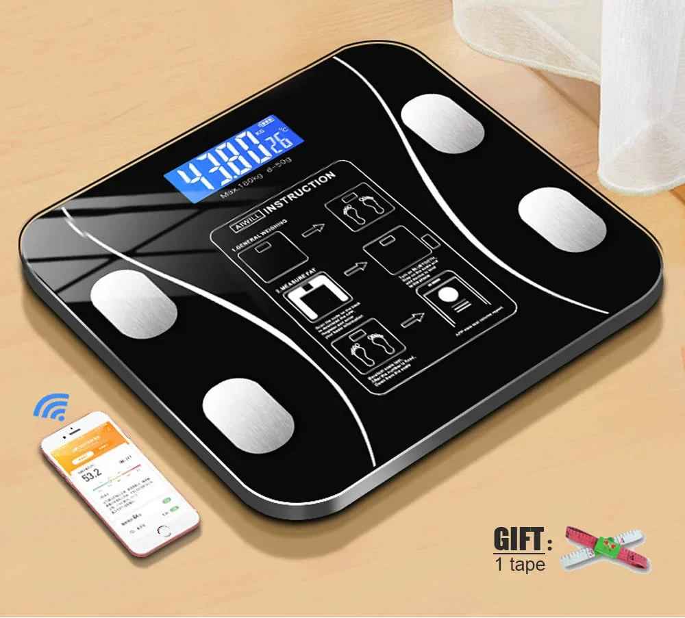 Smart Body Fat Scale — Bluetooth, 13 Metrics, Tempered Glass | Black
