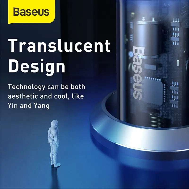 Baseus 65W Transparent Car Charger — USB-C PD + USB-A QC, Charges Laptops