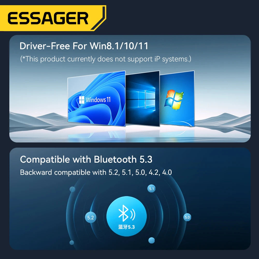 Essager Bluetooth 5.3 USB Adapter — Plug & Play, 20m Range, 7 Devices