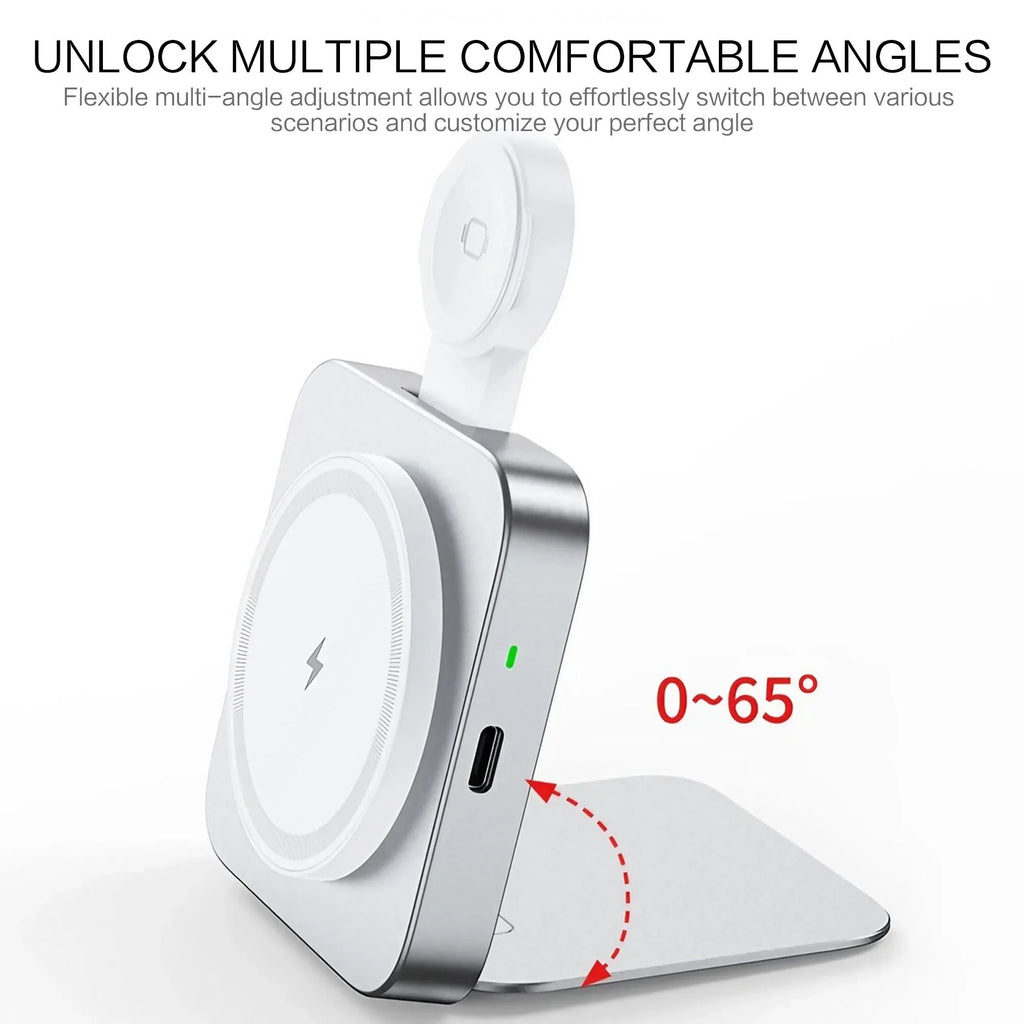 15W Magnetic 2-in-1 Foldable Wireless Charging Station — Aluminum, MagSafe Compatible