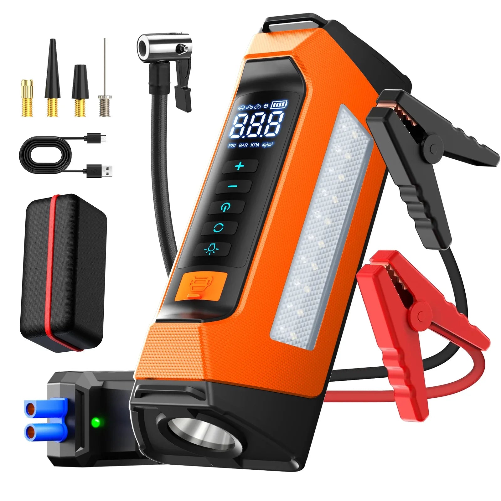8000A Car Jump Starter & Air Compressor — 200 PSI, 30,000mAh, 800 Lumen LED