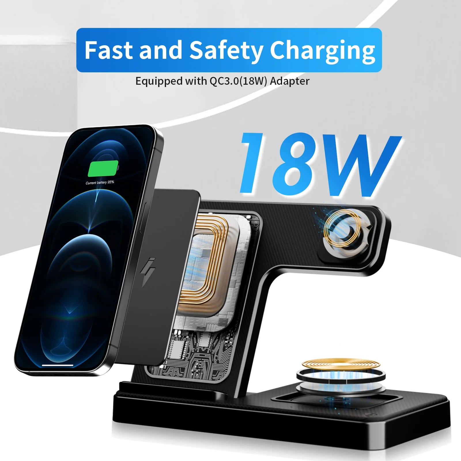 3-in-1 Foldable Wireless Charging Station — 18W, MagSafe, iPhone + Watch + AirPods
