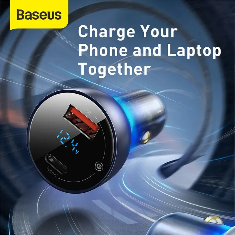 Baseus 65W Transparent Car Charger — USB-C PD + USB-A QC, Charges Laptops