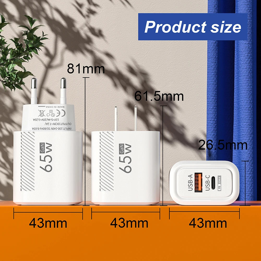 65W GaN USB-C Fast Charger — Travel Wall Adapter for iPhone, Samsung & Xiaomi