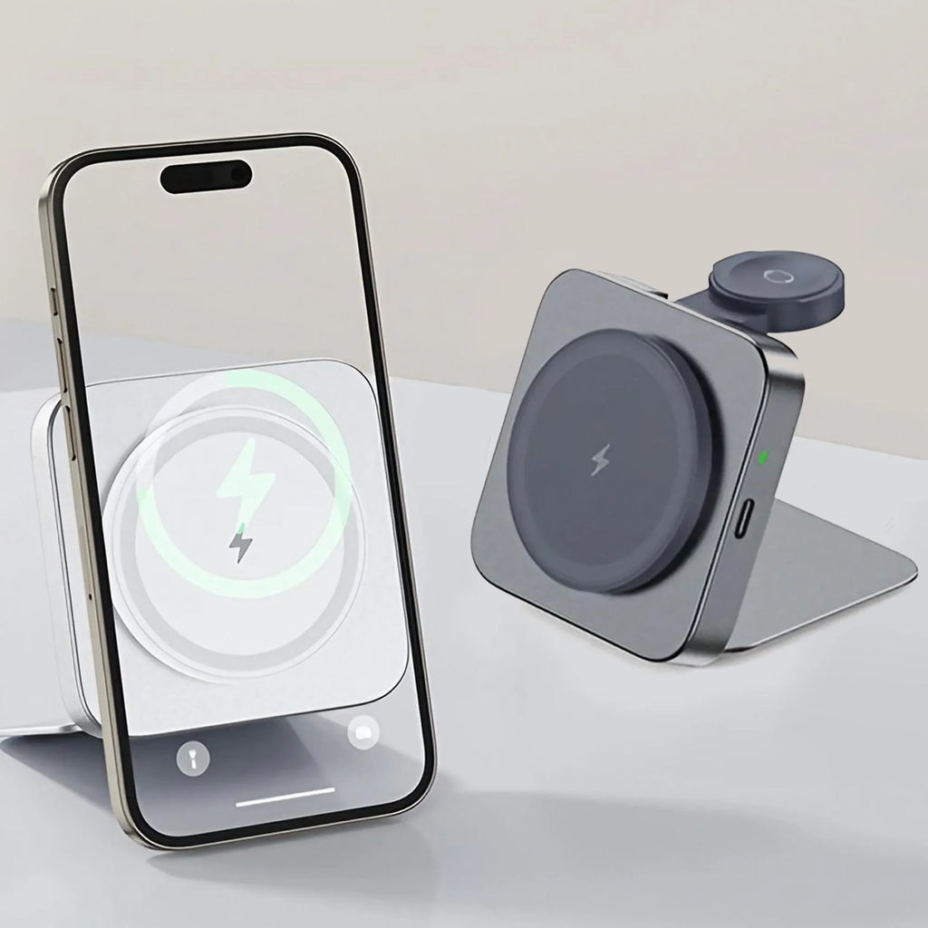 15W Magnetic 2-in-1 Foldable Wireless Charging Station — Aluminum, MagSafe Compatible