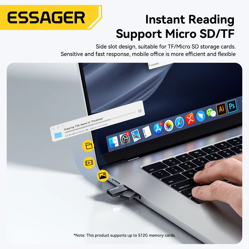 Essager 2-in-1 USB Card Reader — SD & MicroSD, Plug & Play, Up to 2TB
