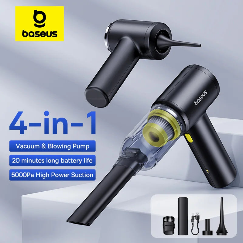 Baseus 4-in-1 Cordless Air Blower & Vacuum Gun — 5000Pa, HEPA, Pistol Grip