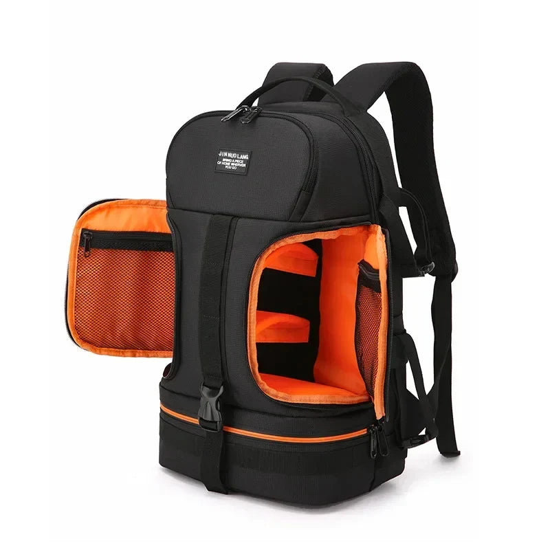 Waterproof Laptop Camera Backpack Orange — padded DSLR compartments, 15.6-inch laptop fit | Sleek Dynamics
