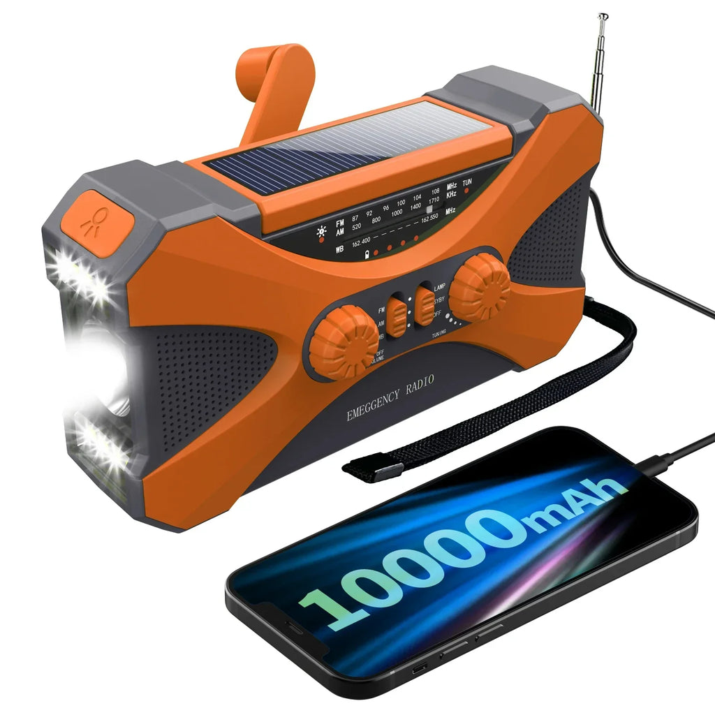 Emergency Hand Crank Solar Radio — Orange, 10000mAh Power Bank with AM/FM/NOAA | Sleek Dynamics
