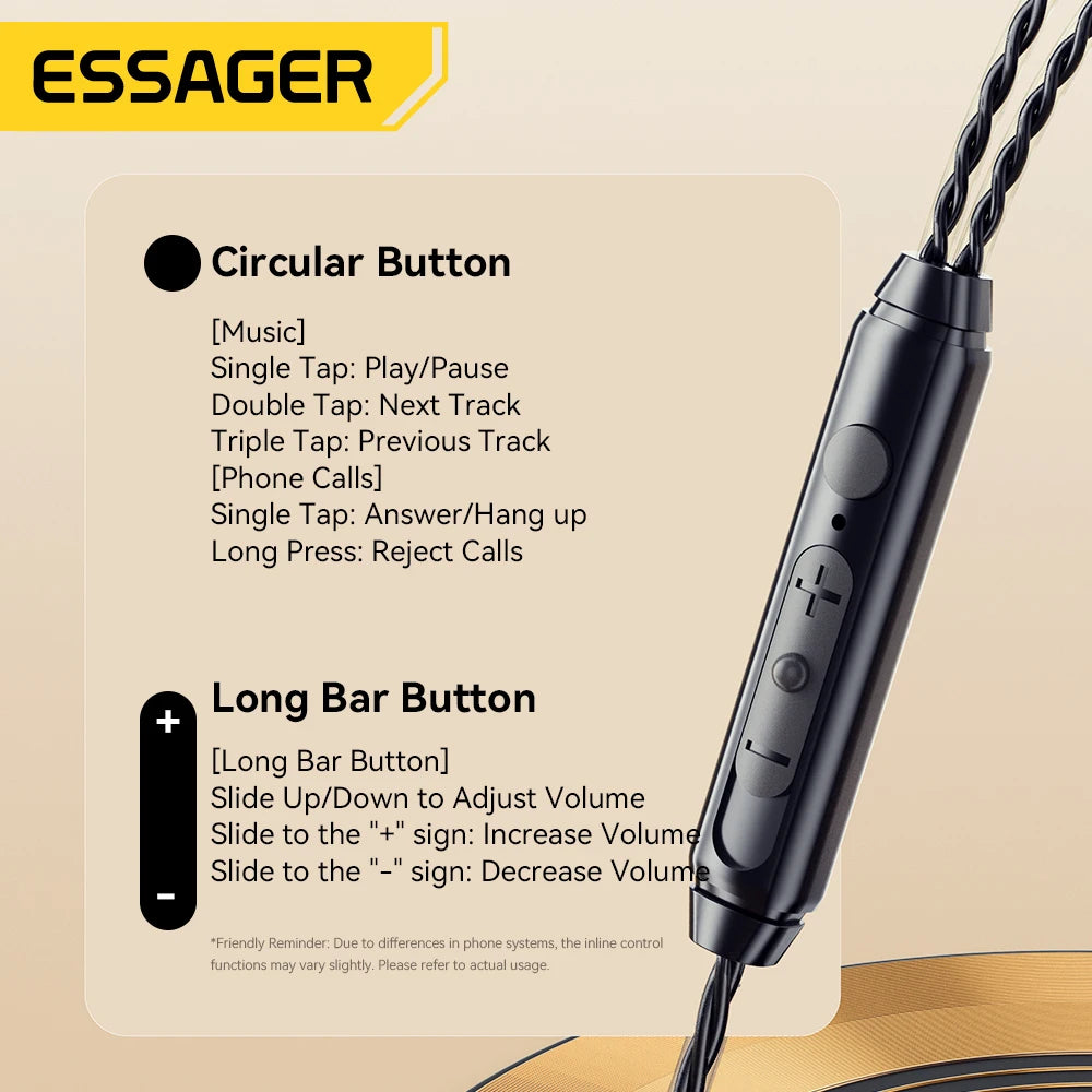 Essager HiFi Wired Earbuds — Type-C & 3.5mm, Bass Stereo, Mic, Zero Latency