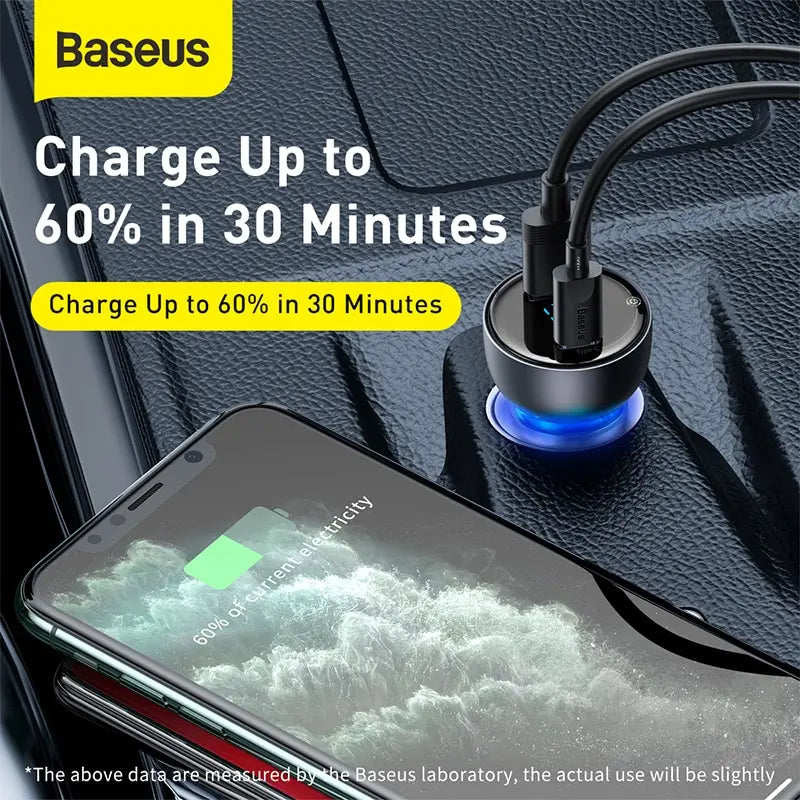 Baseus 65W Transparent Car Charger — USB-C PD + USB-A QC, Charges Laptops