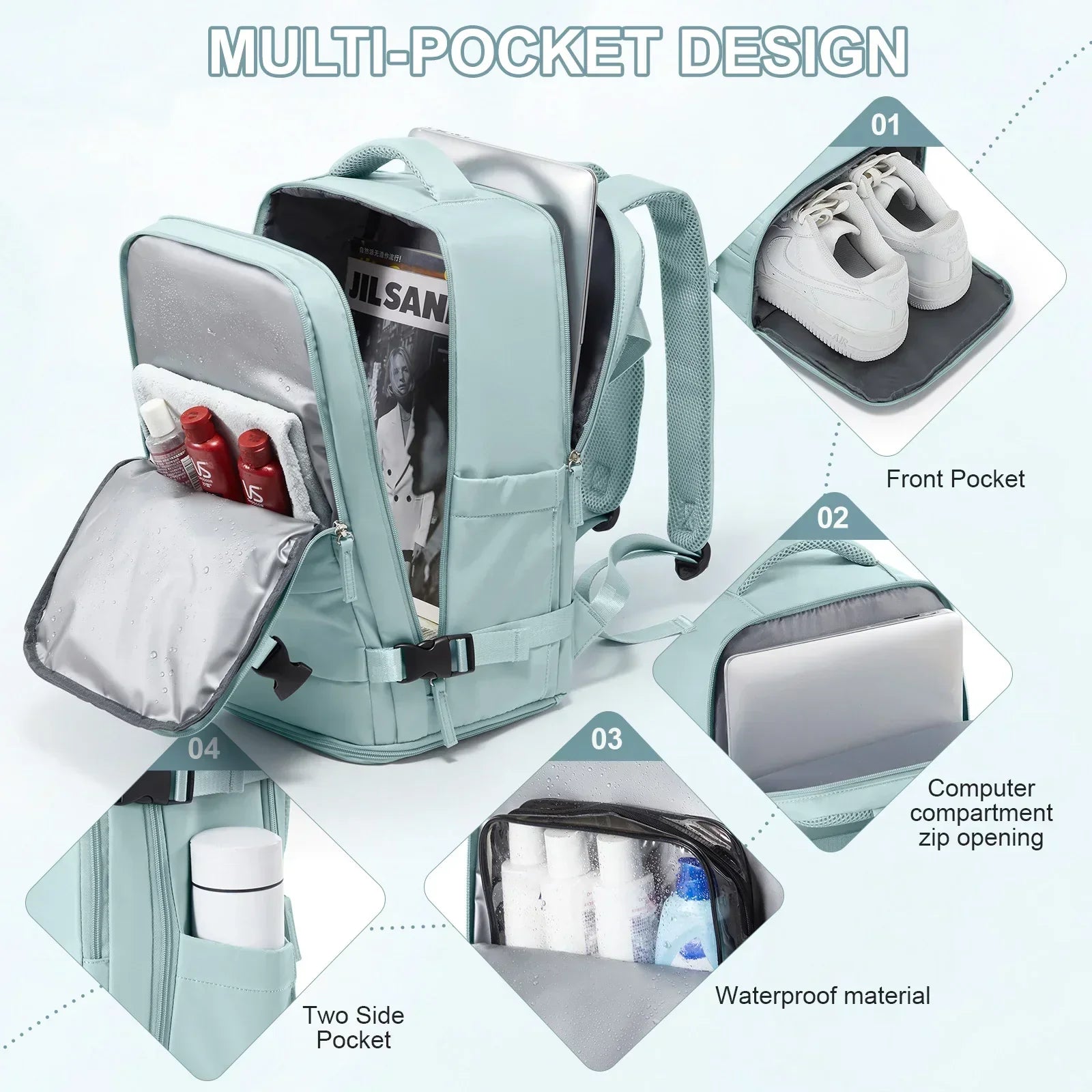 Waterproof Laptop Backpack with Air Cushion Support — Blue