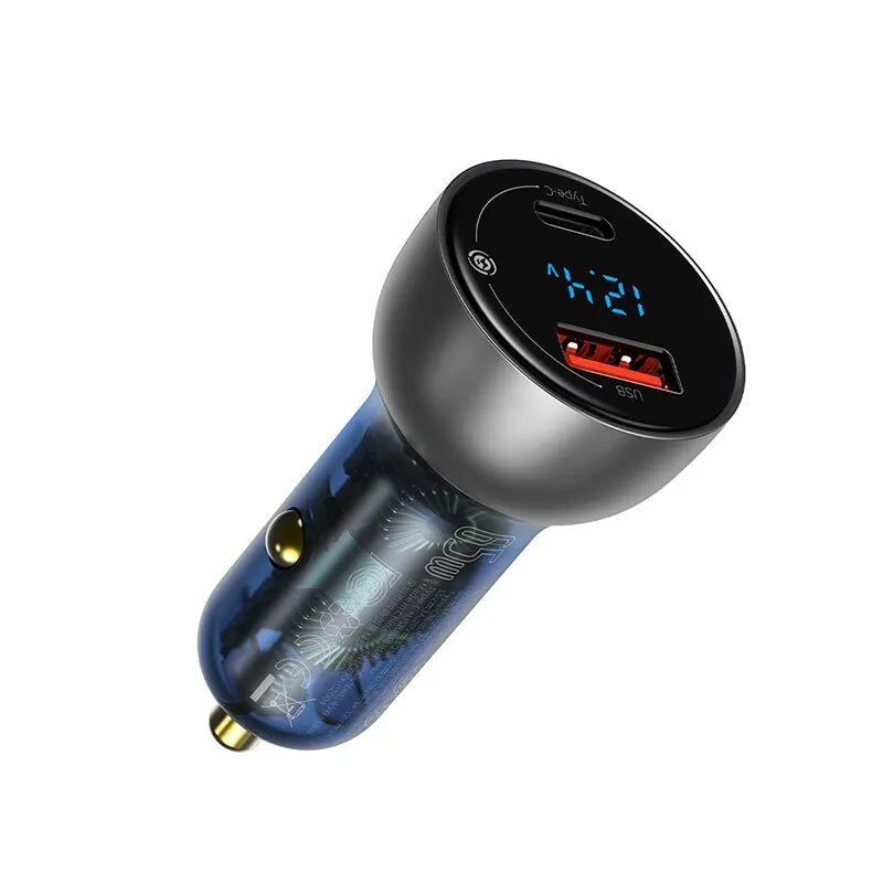 Baseus 65W Transparent Car Charger — USB-C PD + USB-A QC, Charges Laptops
