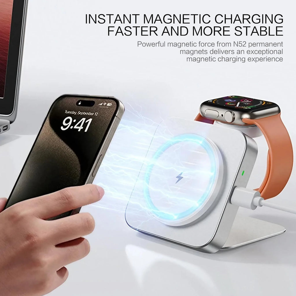 15W Magnetic 2-in-1 Foldable Wireless Charging Station — Aluminum, MagSafe Compatible