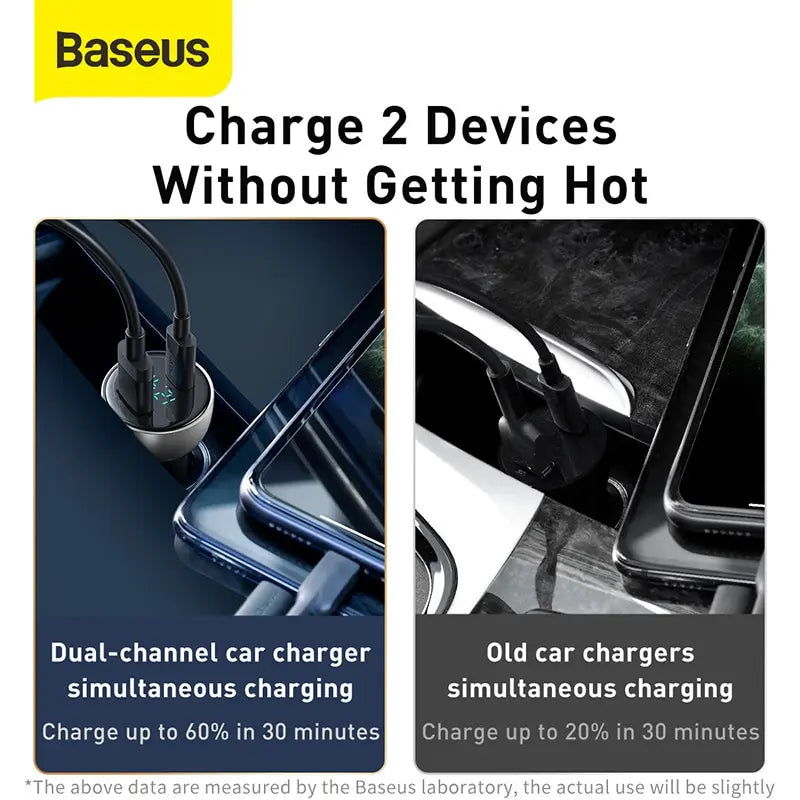 Baseus 65W Transparent Car Charger — USB-C PD + USB-A QC, Charges Laptops