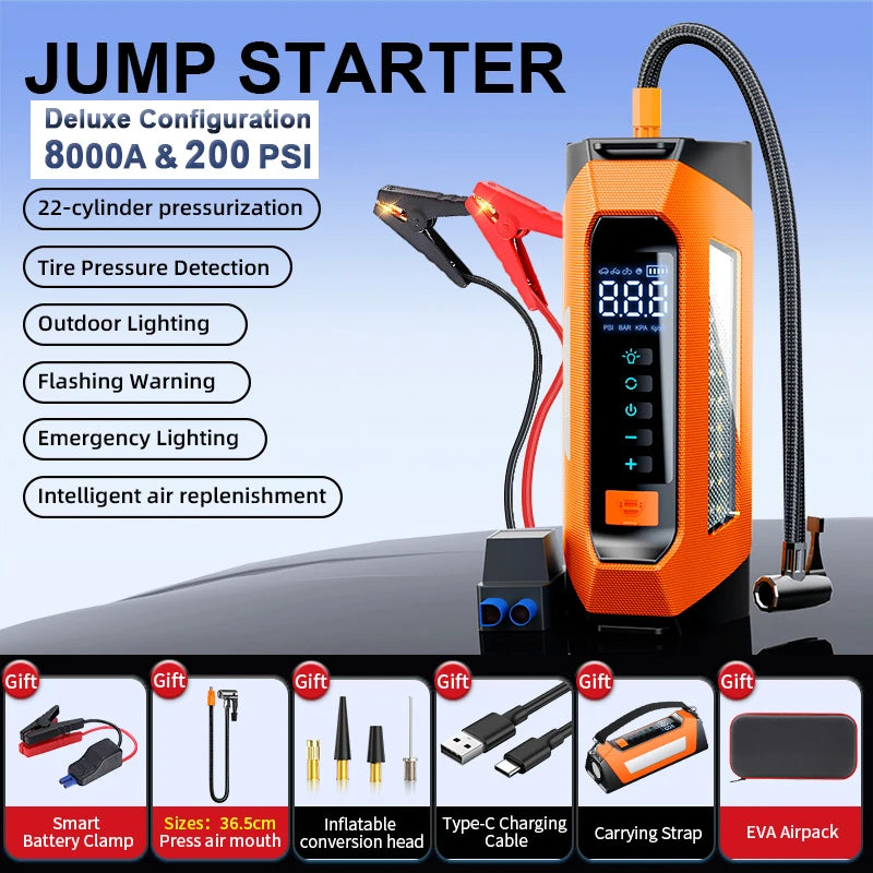 8000A Car Jump Starter & Air Compressor — 200 PSI, 30,000mAh, 800 Lumen LED