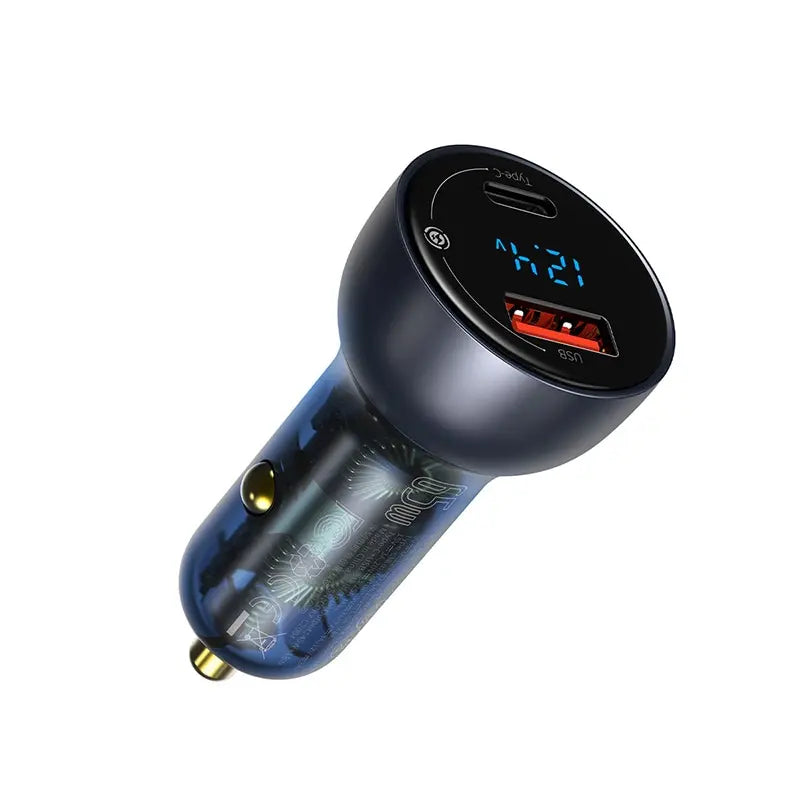 Baseus 65W Transparent Car Charger — USB-C PD + USB-A QC, Charges Laptops