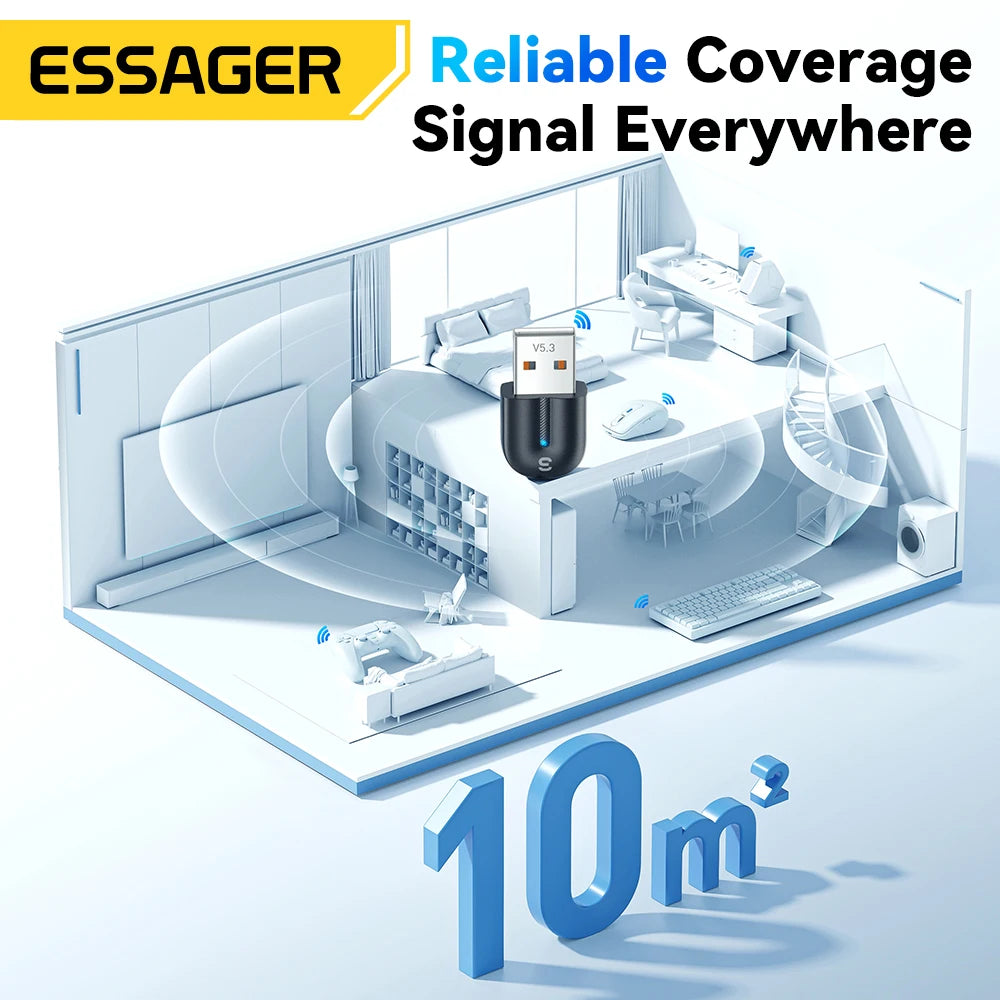 Essager Bluetooth 5.3 USB Adapter — Plug & Play, 20m Range, 7 Devices