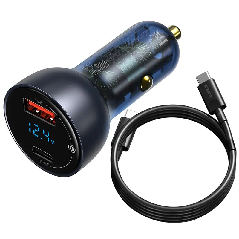 Baseus 65W Transparent Car Charger — USB-C PD + USB-A QC, Charges Laptops