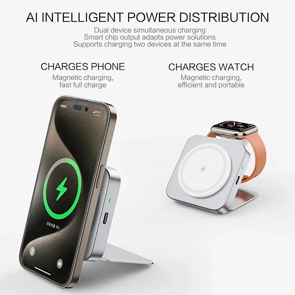 15W Magnetic 2-in-1 Foldable Wireless Charging Station — Aluminum, MagSafe Compatible