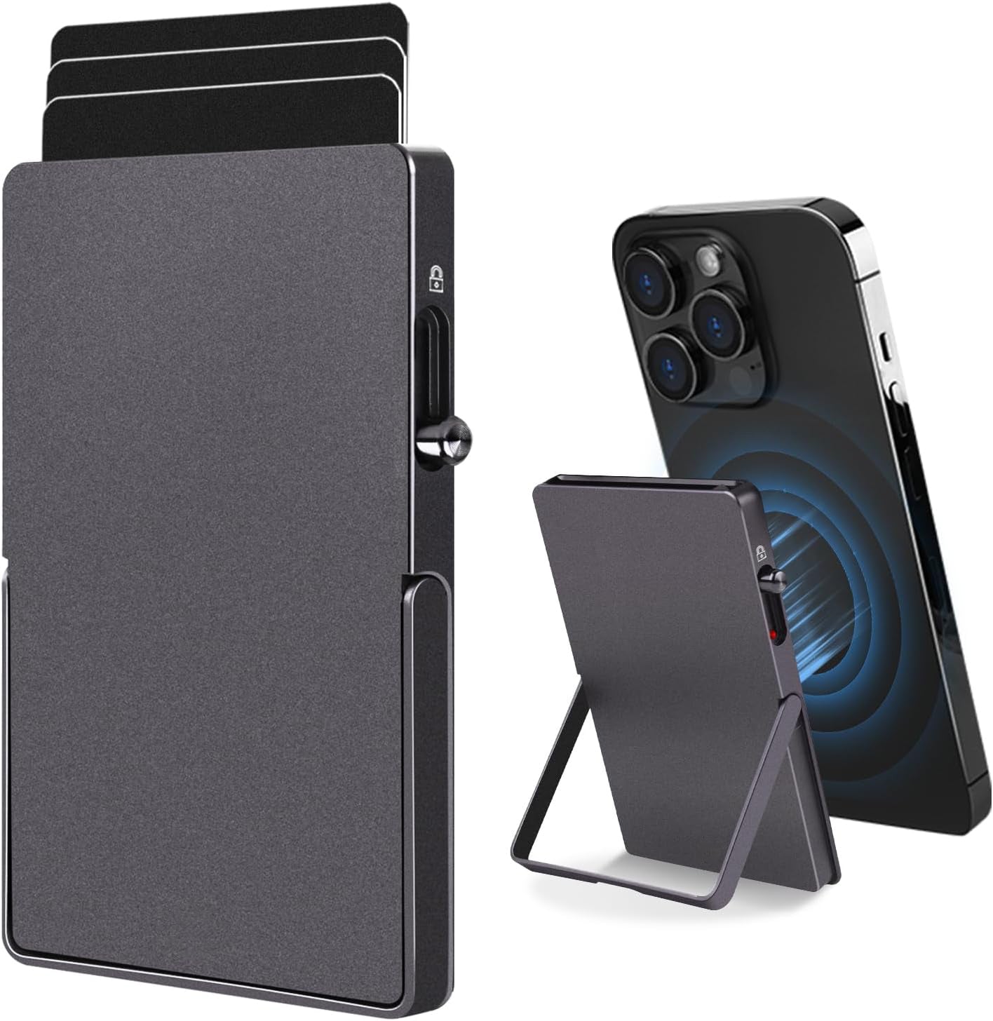 RFID Blocking Wallet – Slim Aluminum MagSafe Card Holder with Adjustable Stand