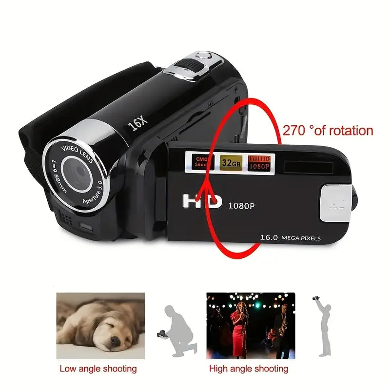 270° Rotating Flip Screen Camera 1080P HD — 16x Zoom, 32GB Card, Vlog & Selfie Ready