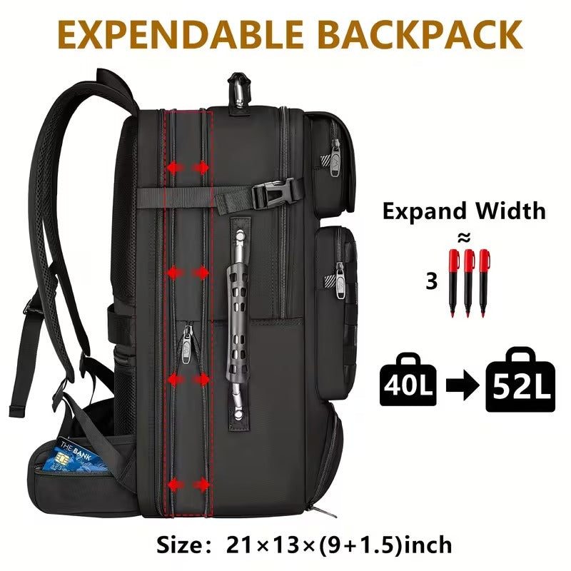 Expandable 52L Travel Backpack — USB Charging Port, TSA-Friendly, 3 Packing Cubes