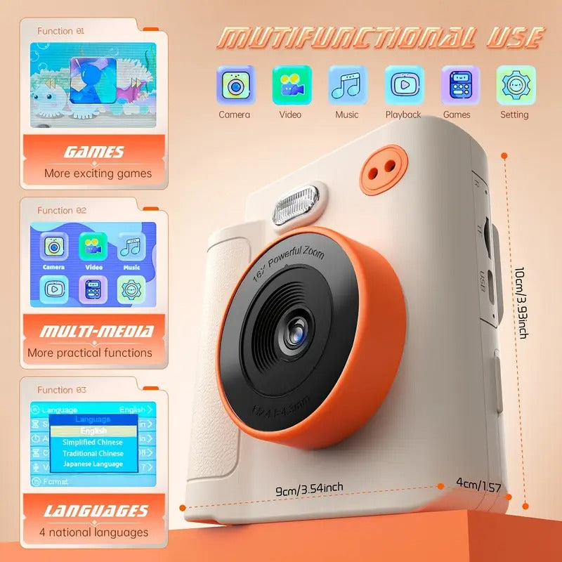 Kids Instant Print Camera 1080P — Vintage Style, USB Rechargeable, Perfect Gift