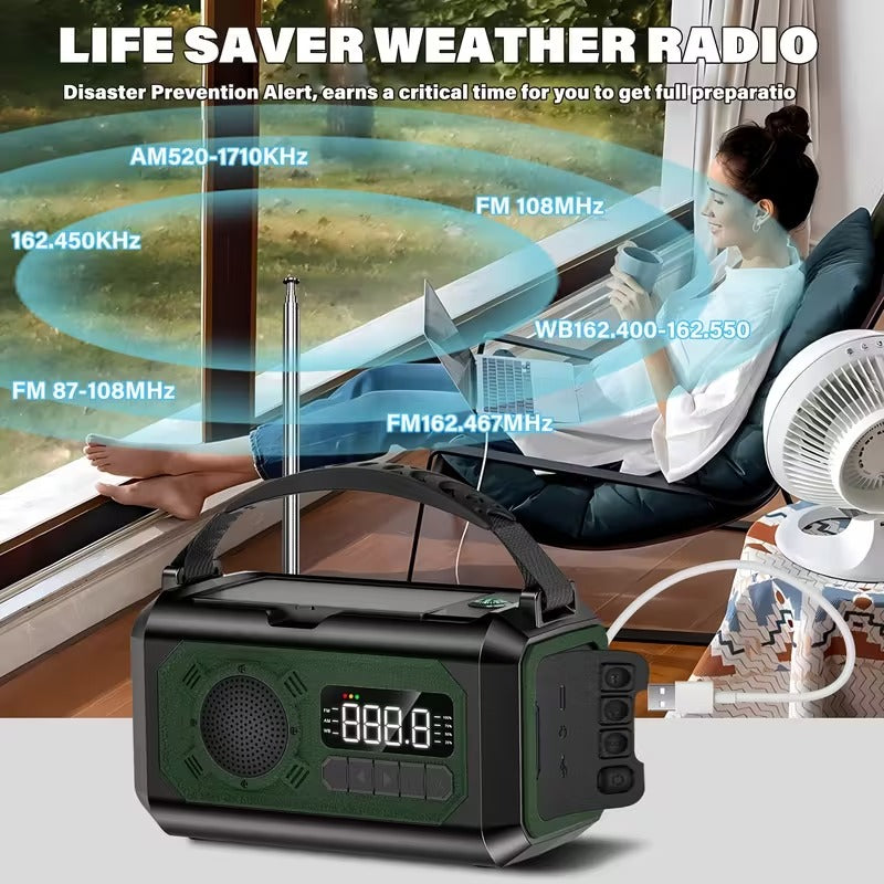 12000mAh Emergency Radio — Solar & Hand Crank Charger with NOAA Weather Alerts