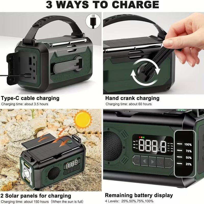 12000mAh Emergency Radio — Solar & Hand Crank Charger with NOAA Weather Alerts